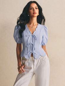 Poéselle Women's Casual Striped Tie-Front Shirt, Summer,Summer Top - Blue and White - View 3
