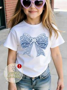 Blue And White Stripe, Summer, Cute, School, Back-To-School Tween Girls Fresh Bow Decor Pattern Print Basic Short T-Shirt, Casual Creative Personalized Minimalist - White - View 8