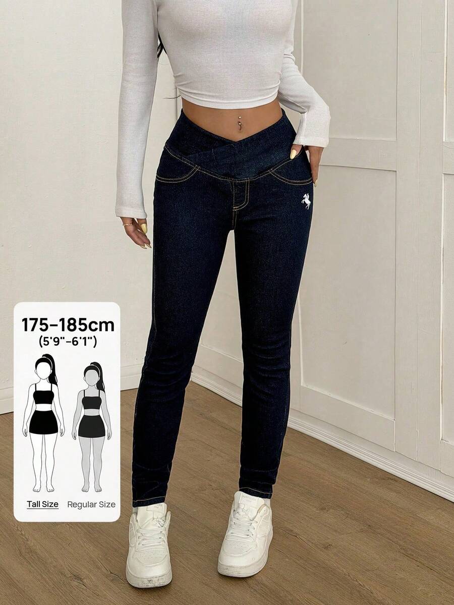 SHEIN Tall Quần jean skinny cạp chữ V dành cho nữ, trang phục thường ngày dự tiệc mùa hè và phong cách đường phố cho nữ. Quần jean skinny cạp cao dành cho nữ, mùa hè. - Rửa tối - Xem 1