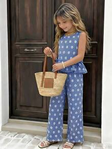 SHEIN Elladie kids 2件套女童时尚可爱3D蝴蝶结无袖上衣和七分裤套装，适合日常穿着、度假、野餐、郊游等多种场合，春夏新品上市 - 藍色 - 查看 5