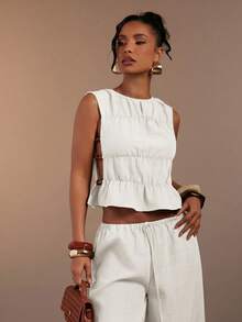 Hauture Women's Sexy Casual Sleeveless Tank Top With Side Cut Out Beaded Detail - White - View 4