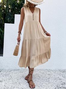 EMERY ROSE Button Detail Layered Hem Smock Dress Maxi Women Outfit - Apricot - View 4