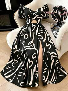 Juhart Vestido elegante de vacaciones de verano con estampado abstracto negro y albaricoque, hombros descubiertos, cruzado, calado y abertura alta para tallas grandes - Blanco y Negro - Ver 7