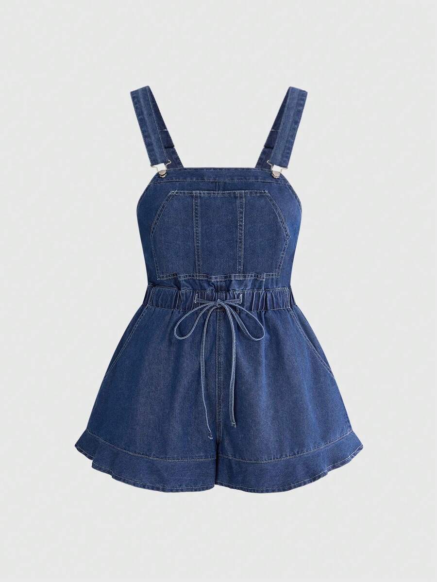 ROMWE Kawaii Quần yếm denim dáng rộng, cỡ lớn, thích hợp cho kỳ nghỉ xuân/hè ở vùng quê. - Màu xanh lam - Xem 1