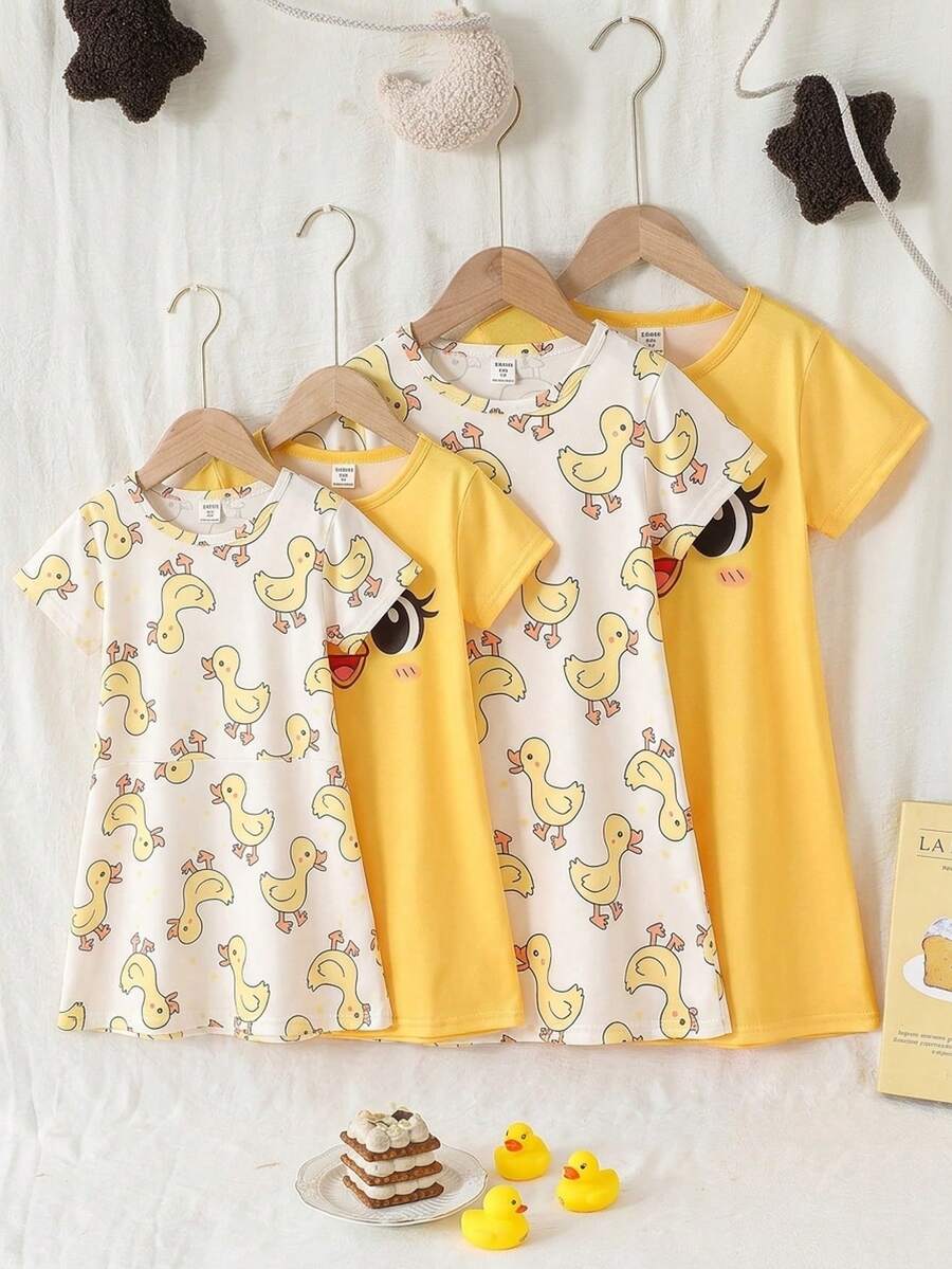 Genkimix Kids 2件套 女童可爱卡通绵羊印花休闲短袖长款睡衣套装，粉色和灰色 - 彩色 - 查看 1