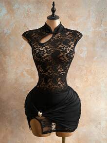 Mistrie Women's Daily Casual Elegant & Sexy Black Lace Hollow-Out Sheer Shirt With Frog Closure Decor & Slim Fit - Black - View 1
