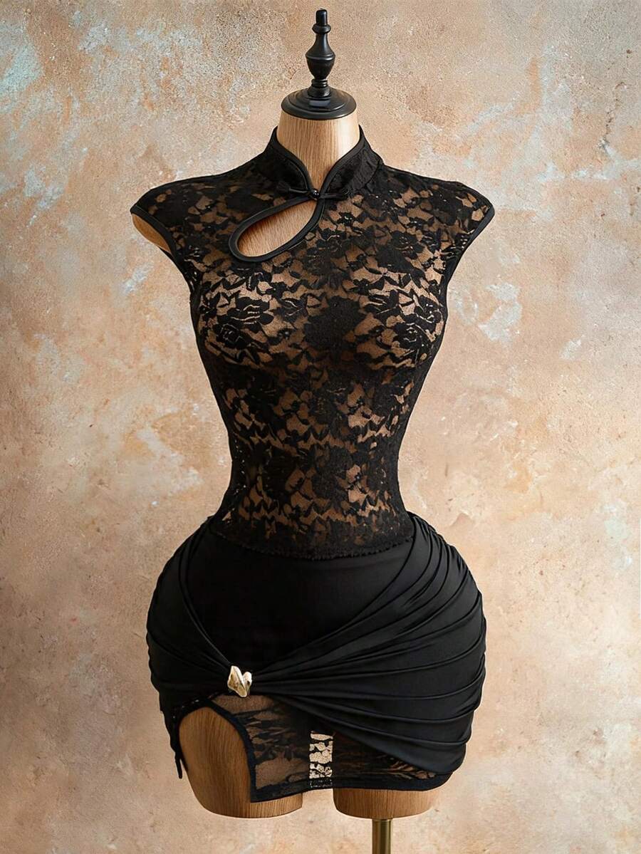 Mistrie Women's Daily Casual Elegant & Sexy Black Lace Hollow-Out Sheer Shirt With Frog Closure Decor & Slim Fit - Black - View 1