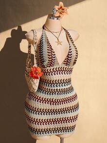 SHEIN ICON Conjunto de 2 piezas de talla grande, estilo retro Y2K: Chaleco sin espalda de punto a rayas de cuello en V y minifalda ajustado a rayas, para vacaciones de verano - Multicolor - Ver 4