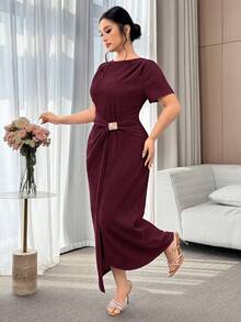 Modelyn Plus Size Elegant Solid Color Wrap Dress, Summer - Burgundy - View 4