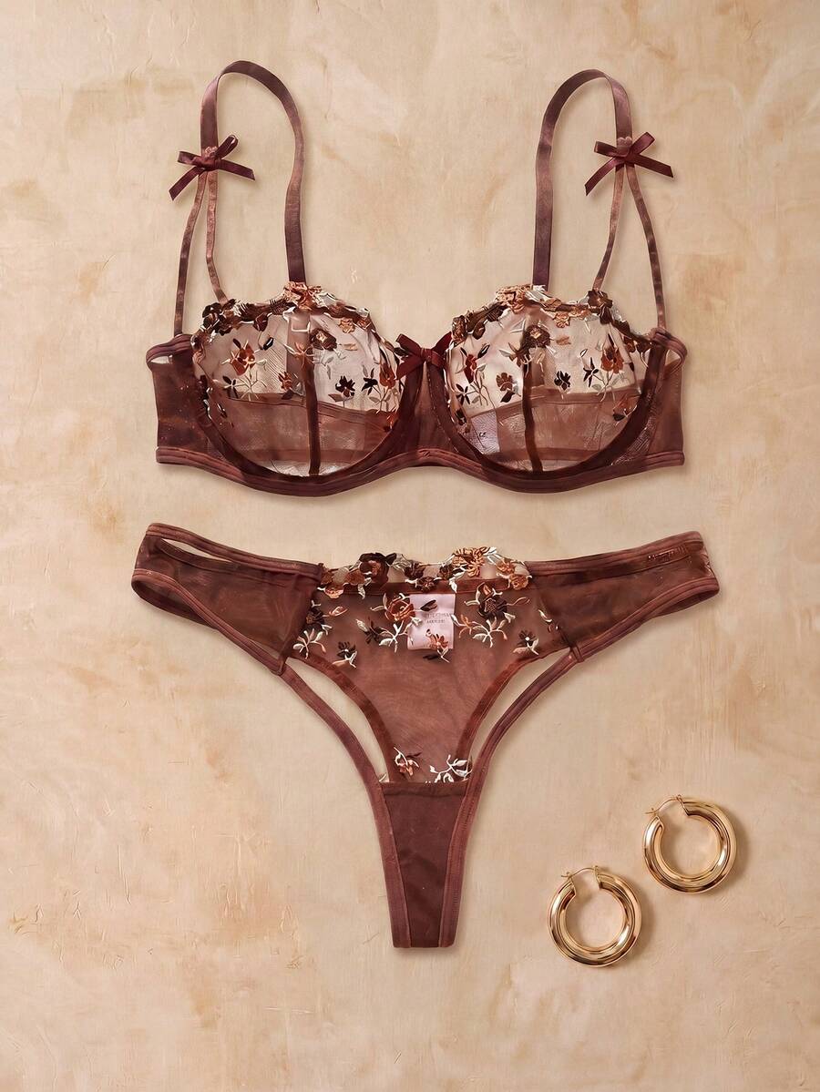 HautHeat 2件套女士花卉刺绣网纱浪漫可爱性感内衣套装 - 咖啡棕 - 查看 1