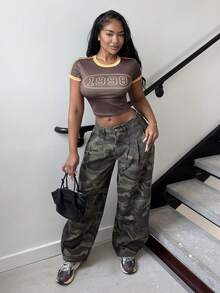 Alexandranx Áo crop top tay ngắn cổ tròn in số viền tương phản cho nữ - Nhiều màu - Xem 3
