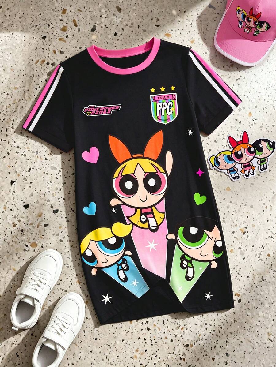 THE POWERPUFF GIRLS X SHEIN GraphicGems Cartoon Print Casual Loose A-Line Dress - Black - View 1