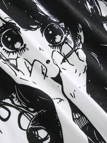 SHEIN Girlism 青少年女孩 2件/套 黑白配色夏季 Y2K 度假返校風 星星圖案針織寬鬆T恤與牛仔效果印花寬鬆工裝褲套裝 - 黑與白 - 查看 5