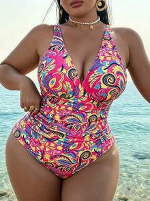 Swim Vcay Traje de baño de una pieza con estampado y drapeado para mujer de talla grande, atuendo sexy para vacaciones en la playa, primavera/verano - Multicolor - Ver 5