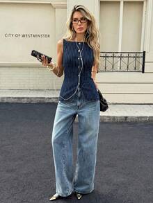 Siren Gaze Áo vest denim không tay dáng ôm dành cho nữ - Màu xanh lam - Xem 5