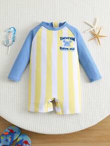 SHEIN Unisex Baby Boy Girl Cute White Yellow Striped Patchwork Long Sleeve Rash Guard Swimsuit,Sun Protection Swimwear For Summer,Vacation,Holiday,Beach - Yellow - View 3