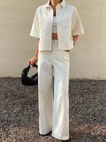 Camisa de mezclilla tipo cardigan de estilo casual y suelto para primavera y verano, blusa blanca, adecuado para el Día de San Valentín, boda, oficina casual, estilo minimalista, al aire libre, casual de negocios, pantalones vaqueros de pierna recta, conjunto de 2 piezas para mujer - Blanco - Ver 2