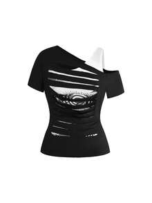 ROMWE Grunge Punk Plus Size Dark Punk 2 In 1 Distressed Tight T-Shirt - Black and White - View 1