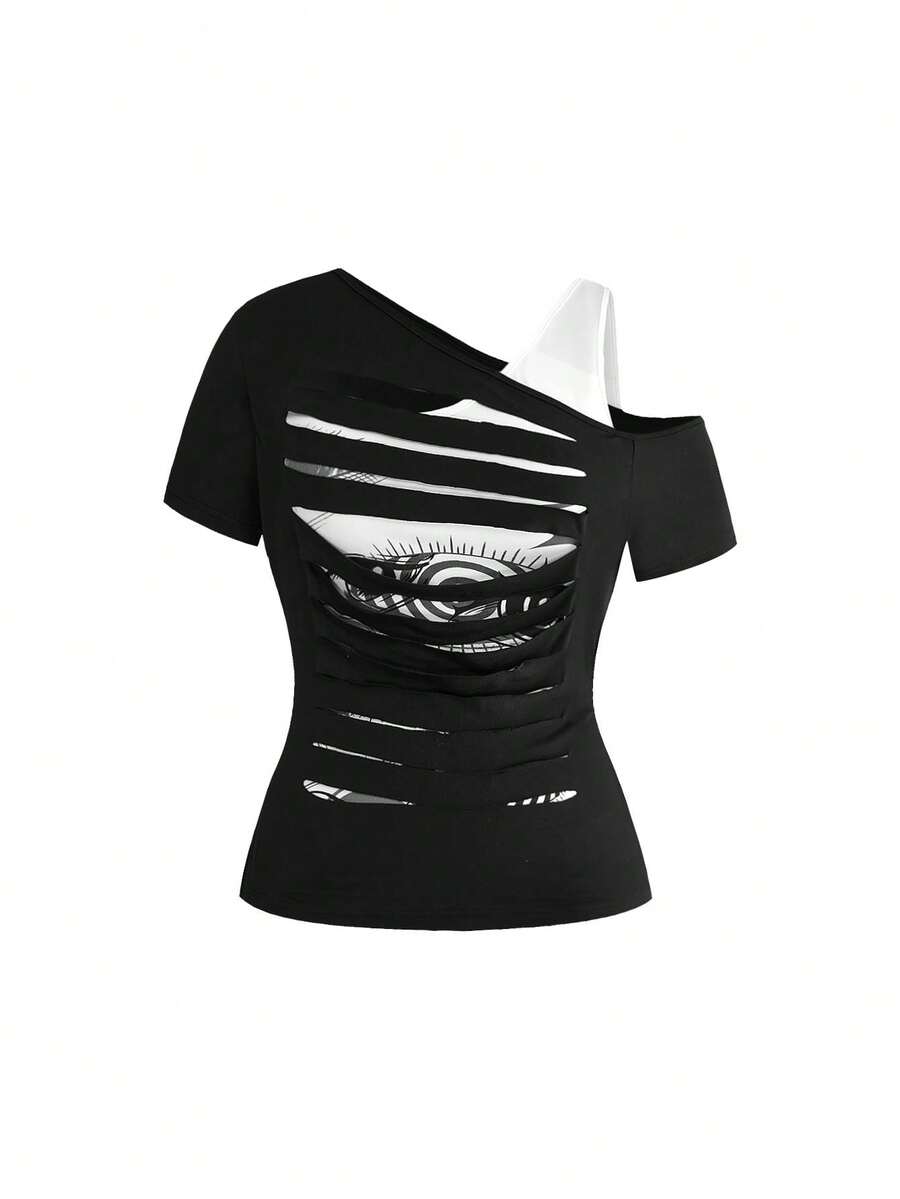 ROMWE Grunge Punk Plus Size Dark Punk 2 In 1 Distressed Tight T-Shirt - Black and White - View 1