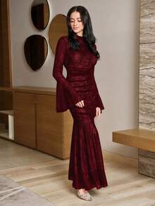 Modelyn Women's Elegant Sheer Mesh Ruffle Sleeve Fitted Fishtail Hem Dress, Suitable For Spring & Autumn - Burgundy - View 6
