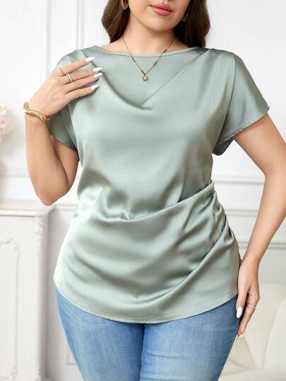 SHEIN Clasi Camisa casual versátil de uso diario con pliegues de unicolor para mujer de talla grande