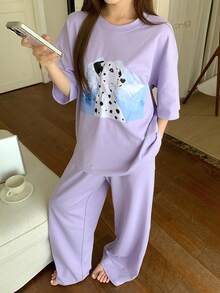 DAZY Print Loose Women Pajama Set - Light Grey - View 6