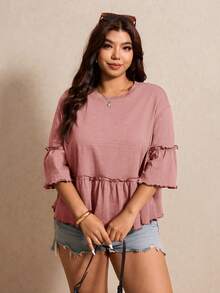 Elaquor Plus Size Solid Color Loose Fit Ruffle Trim T-Shirt - Dusty Pink - View 4