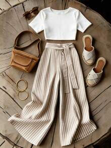 SHEIN Franclia Áo kiểu dáng thanh lịch, màu trơn, co giãn, ôm sát, họa tiết sọc, phong cách retro thường ngày, phù hợp cho kỳ nghỉ biển, đi làm hàng ngày, vẻ quyến rũ thời trang, bộ 2 mảnh gồm áo sơ mi và quần ống rộng buộc dây phía trước, trang phục thường ngày cho nữ, trang phục mùa xuân thanh lịch, trang phục mùa hè thịnh hành dành cho nữ. - Màu Khaki - Xem 1