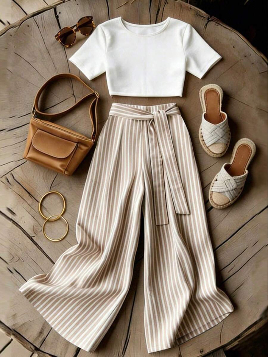 SHEIN Franclia Áo kiểu dáng thanh lịch, màu trơn, co giãn, ôm sát, họa tiết sọc, phong cách retro thường ngày, phù hợp cho kỳ nghỉ biển, đi làm hàng ngày, vẻ quyến rũ thời trang, bộ 2 mảnh gồm áo sơ mi và quần ống rộng buộc dây phía trước, trang phục thường ngày cho nữ, trang phục mùa xuân thanh lịch, trang phục mùa hè thịnh hành dành cho nữ. - Màu Khaki - Xem 1
