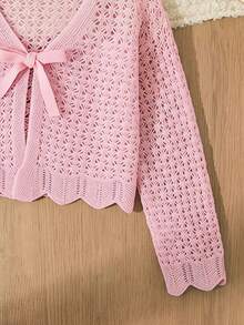 SHEIN Áo choàng dệt kim buộc vạt phía trước cho bé gái tuổi mới lớn, tay dài - Hồng - Xem 5
