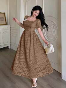 Modelyn Gaun Wanita Model Mengembang dengan Potongan Pinggang dan Dekorasi Bunga 3D - Coffee Brown - View 6