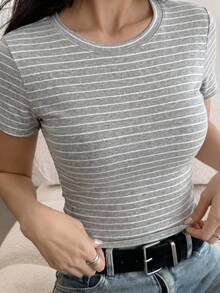 DAZY Women's Round Neck Striped Ruffle Casual Versatile Daily Wear Short Sleeve T-Shirt Summer - Grey - View 4
