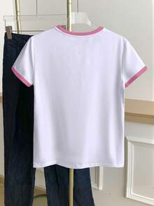 Resyla Plus Size Women Fashion Versatile Contrast Color Knight Pattern Print Round Neck T-Shirt - White - View 2