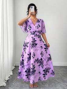 SHEIN Clasi 大码女式V领印花褶皱休闲派对连衣裙 - 淡紫色 - 查看 5