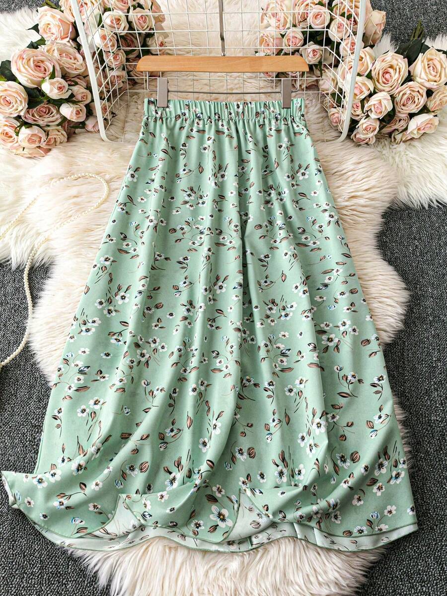 SHEIN LUNE 女款長輩小碎花印花高腰長裙 - 綠色 - 查看 1