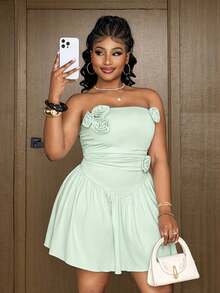 Maweii Plus Size Women's Brown,Summer,Elegant,Wedding Gym Guest Strapless Dress,3D Floral Pleated Slim Fit Short Dress,Beach Party Vacation Style - Mint Green - View 3