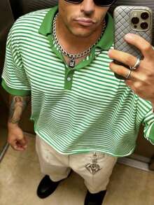 Manfinity Dauomo Men's Striped Patchwork Casual Versatile Daily Wear T-Shirt - Green - View 5