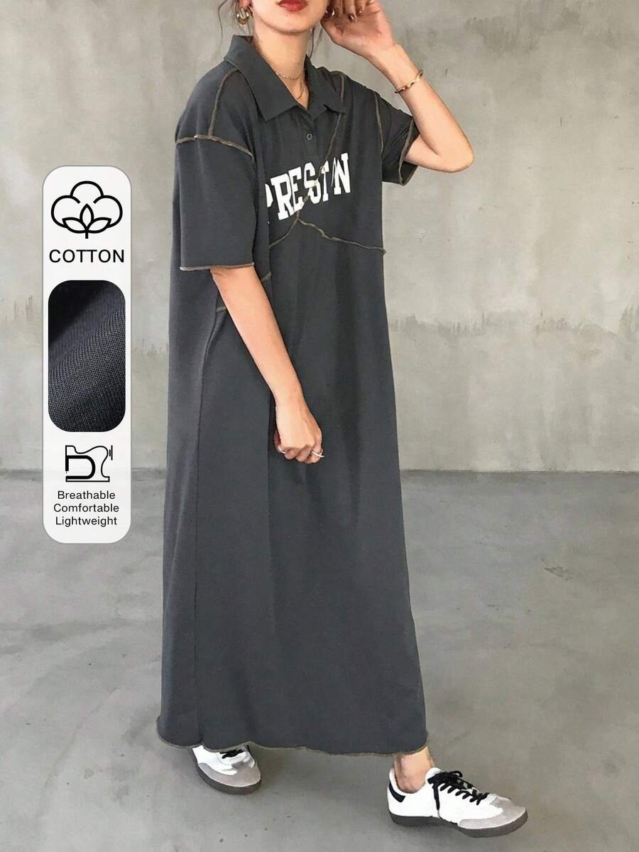 FRIFUL Đầm xám dáng rộng dành cho nữ, in chữ và có đường may trang trí, đầm hè chống nắng cho nữ. - Màu xám đen - Xem 1