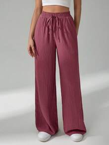 SHEIN Tall CURVE Quần dài nữ cỡ lớn, màu trơn, cạp chun co giãn. - Màu đỏ tím - Xem 5