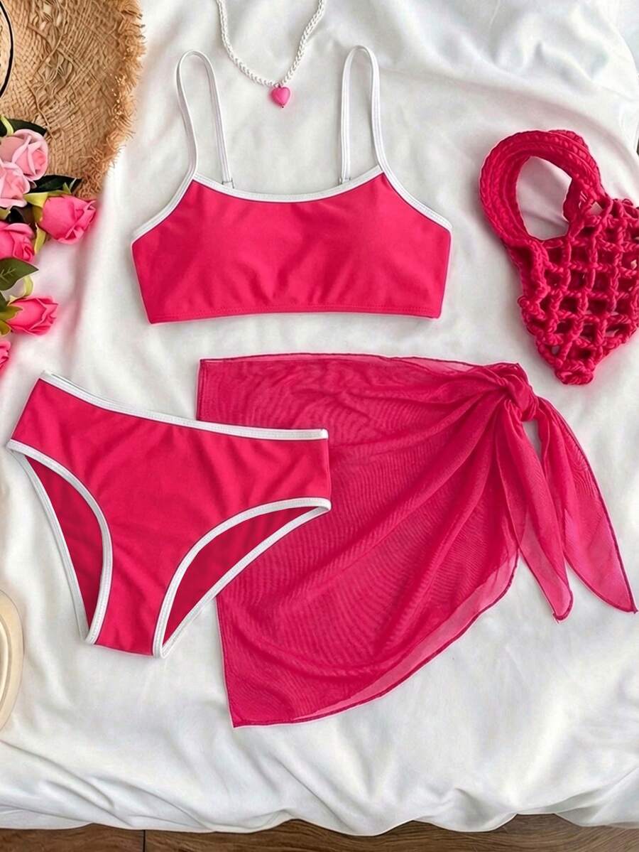 SHEIN مجموعة ملابس السباحة للمراهقات مع تنورة قصيرة للتغطية، ملابس صيفية للبنات، ملابس السباحة للبنات باللون الوردي، ملابس الشاطئ الوردية، بدلات السباحة الوردية للبنات - روز أحمر - مشاهدة 1