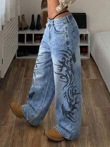 SHEIN Jeans acampanados con estampado vintage para mujer de talla grande - Lavado ligero - Ver 3
