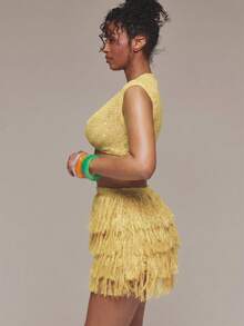 MUSERA Crochet Knit Plunge Front Short Sleeve Crop Top Spring Summer Ibiza Festival Holiday Vacation Cute Sexy Y2k Night Out Club Tropical Seduction - Yellow - View 4