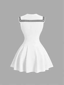 Sweetra New Spring/Summer Women's Nautical Collar Retro Sexy Slim Fit Elegant College Style Vacation Versatile Comfortable Casual Blue Dress - White - View 2