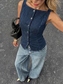 Siren Gaze Áo vest denim không tay dáng ôm dành cho nữ - Màu xanh lam - Xem 9