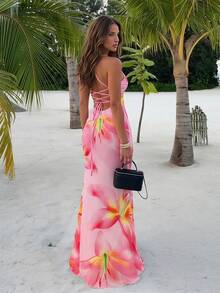Đầm hở lưng in họa tiết hoa ly hồng thanh lịch kiểu Hawaii của Aloruh dành cho nữ, trang phục mùa hè, đầm đi biển, trang phục đi biển cho nữ, trang phục nghỉ mát nhiệt đới phong cách Bohemian, trang phục nghỉ mát nhiệt đới cho nữ. - Hồng - Xem 3