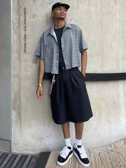 Ngobest Haus Ngobest Haus 男士休闲格子短款衬衫，夏季