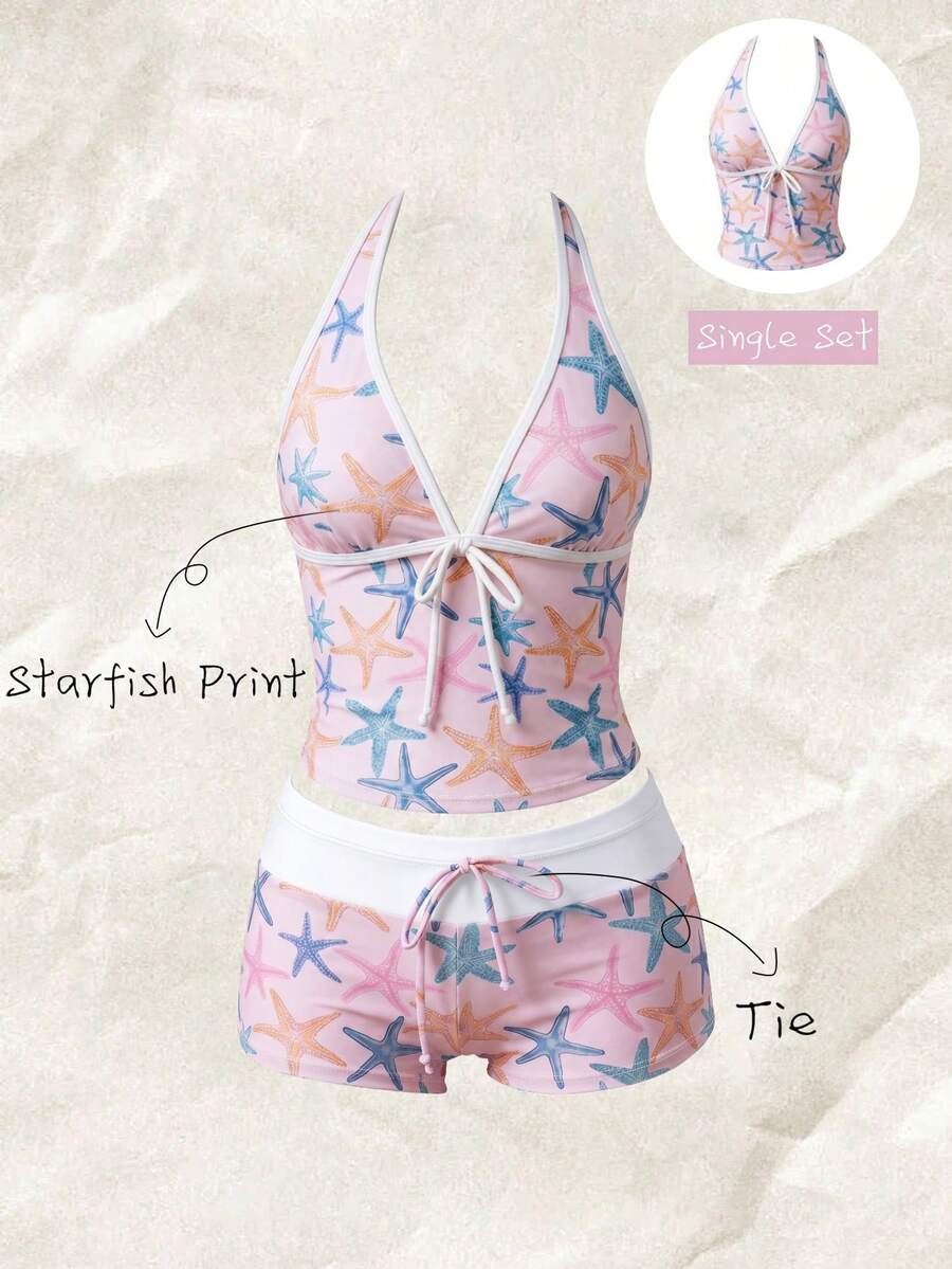 Elavelle Áo bikini hai dây buộc nơ in họa tiết ngẫu nhiên dành cho nữ, thích hợp cho mùa xuân/hè. - Nhiều màu - Xem 1