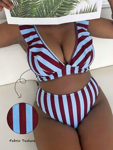 Slaydiva Plus Size Women 2pcs Striped Print Tankini Swimwear Set - Multicolor - View 1