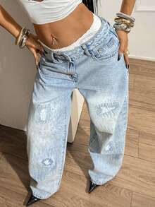 StreetHx Quần jeans ống rộng cạp thấp thêu họa tiết, phong cách đường phố thường ngày, thời trang. - Rửa nhẹ - Xem 7