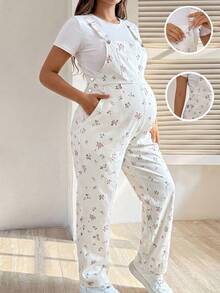 SHEIN Bộ áo liền quần họa tiết hoa nhí dành cho bà bầu - trắng - Xem 1